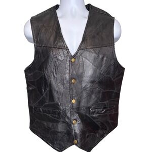 Italian Stone Design Mens Black Patchwork Genuine Leather Biker Vest Sz Medium